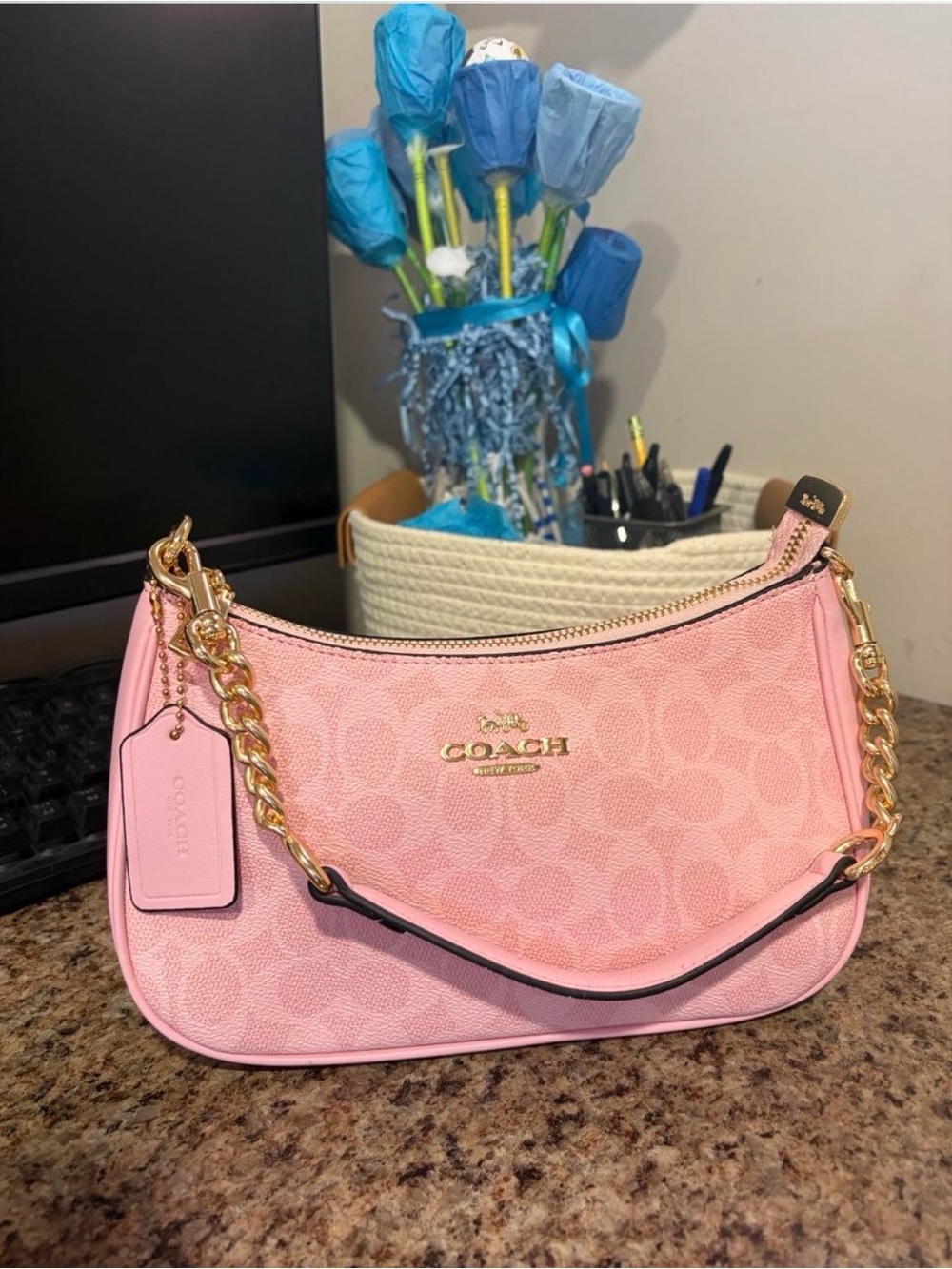 Coach Pink Signature Chain Shoulder Bag with Gold Hardware